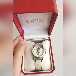 Vintage 1990s kids novelty watch frog in a polka dot dress matching jelly strap